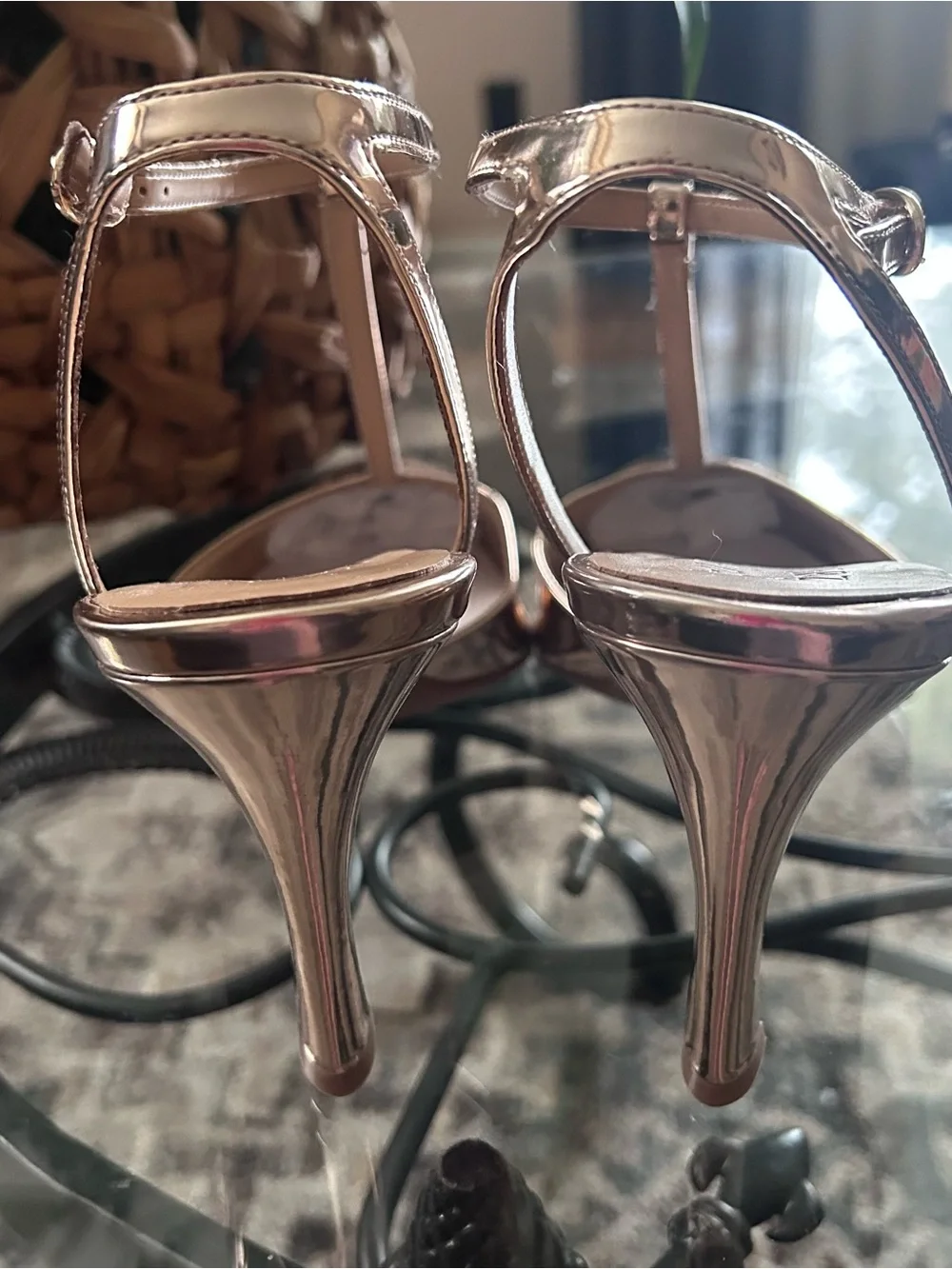 Naturalizer Astrid T-Strap Dress Pump in a Metallic Rose Gold